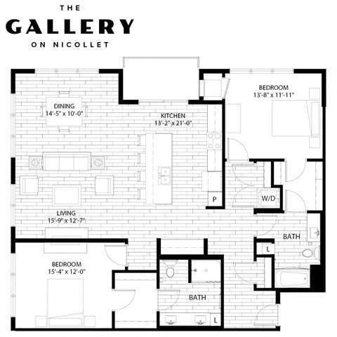 Floor plan for 2 beds, 2 baths, 1525 sqft